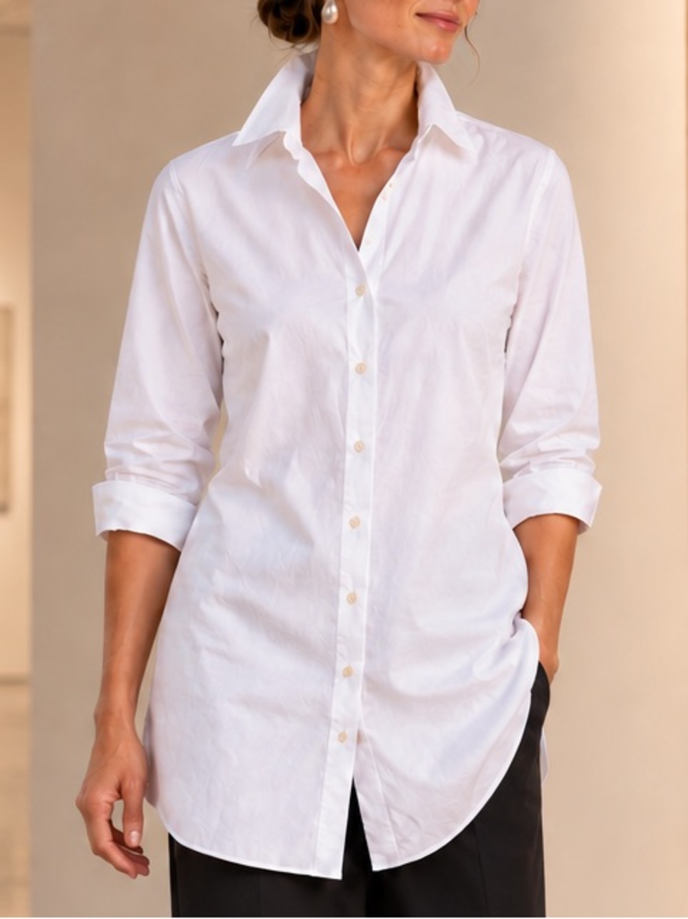 Lafayette White Tunic Stretch Cotton Poplin Front / Side Button Long Sleeves L